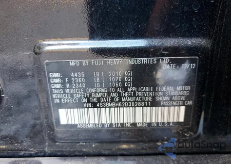 2013 Subaru Legacy 2.5I Premium из США, поврежденный, VIN 4S3BMBH62D3028811